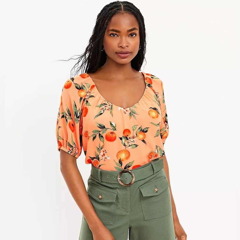 LOFT Orange Fruit Summer Harvest Sweetheart Neck Blouse Top - Medium Petite
